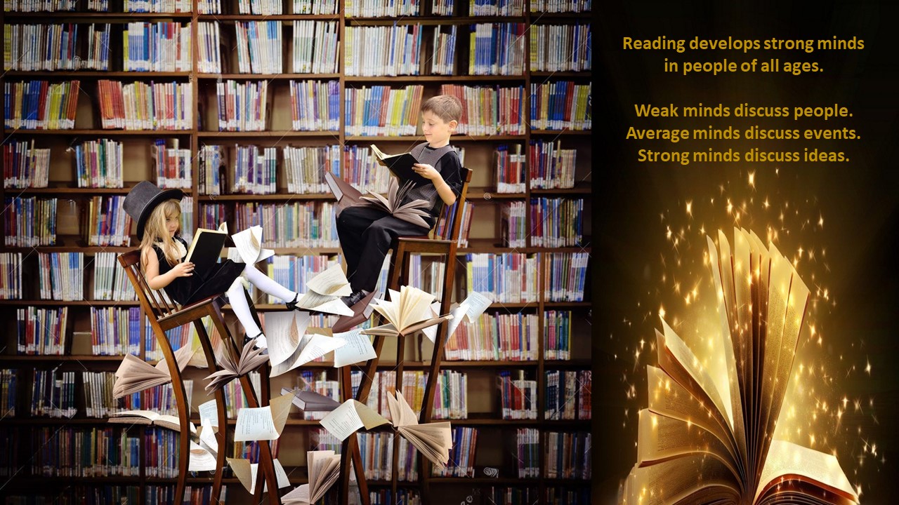 Kids Reading Books With Bookshelf On The Background